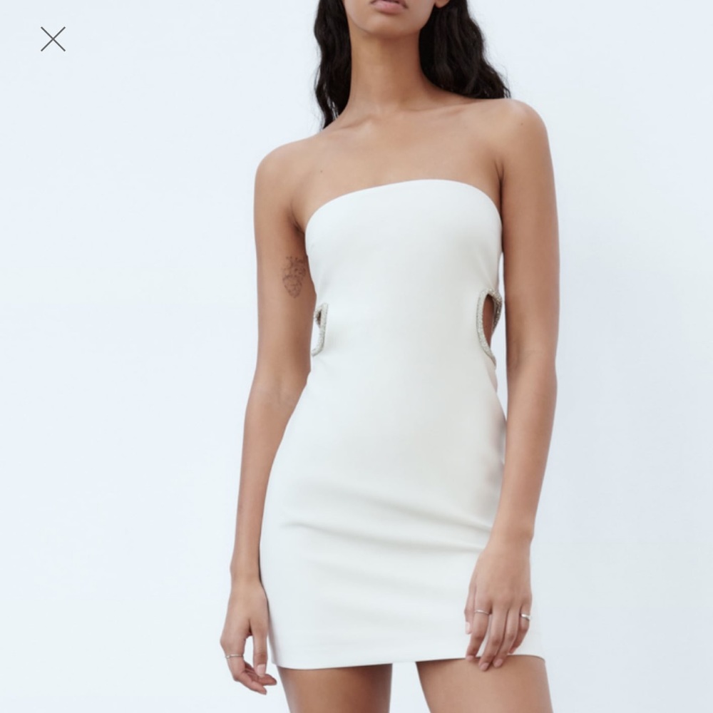 Zara 
STRAPLESS CUT OUT RHINESTONE MIDI DRESS
Size small, NWT